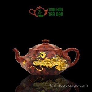 Ấm Tử Sa Cửu Long Lục Phương Khảm Vàng Lão Đại Hồng Bào 200ml - ATS121