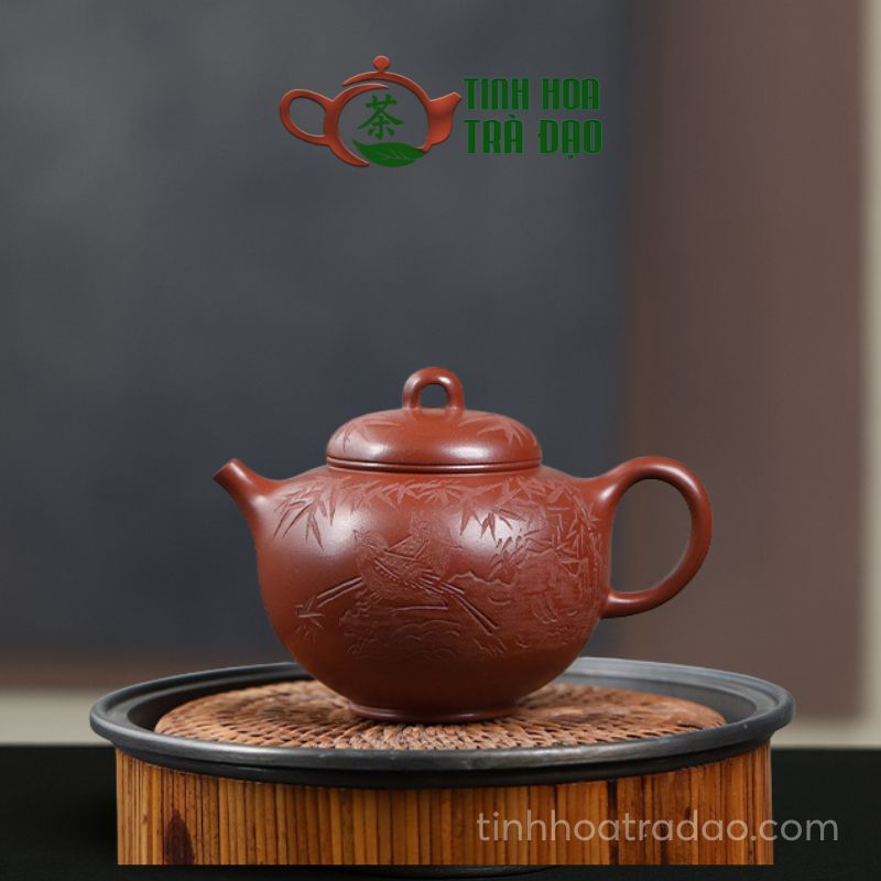 Ấm Tử Sa Dã Sơn Khắc Chim Tước Trúc Hồng Bì Long 180ml - ATS026