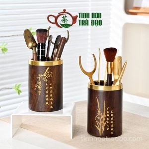 Bộ Dụng Cụ Pha Trà Mai Lan Cúc Trúc Bằng Gỗ Viền Đồng 6 Món - TC02