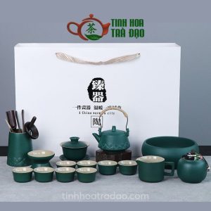 Bộ Ấm Trà Gốm Sứ Có Quai Màu Xanh/ Đen Cao Cấp 15 Món - BAT04