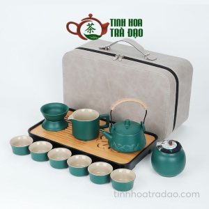 Bộ Ấm Trà Du Lịch Gốm Màu Đen/Xanh Kèm khay 12 Món BAT05