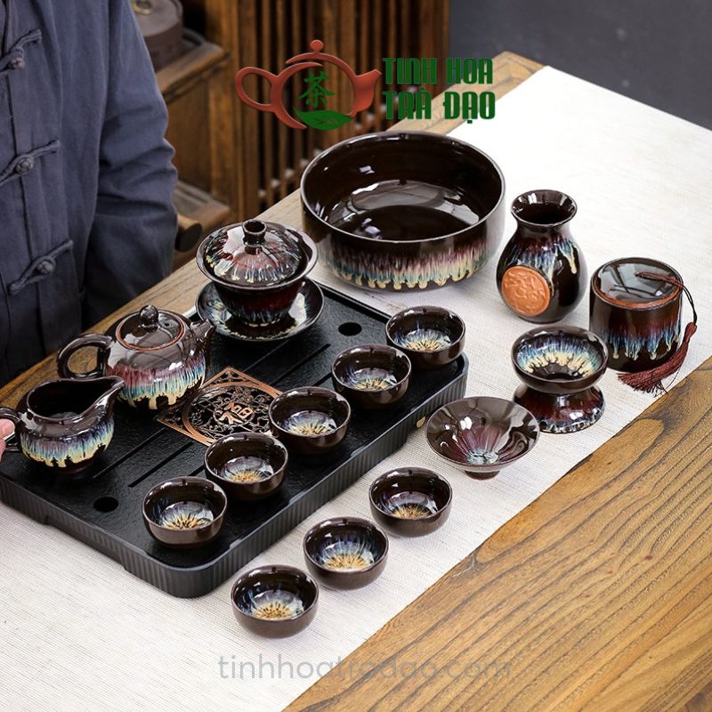 Bộ Ấm Trà Kiến Trản Thiên Mục 16 Món Men Sa Kim - BAT09